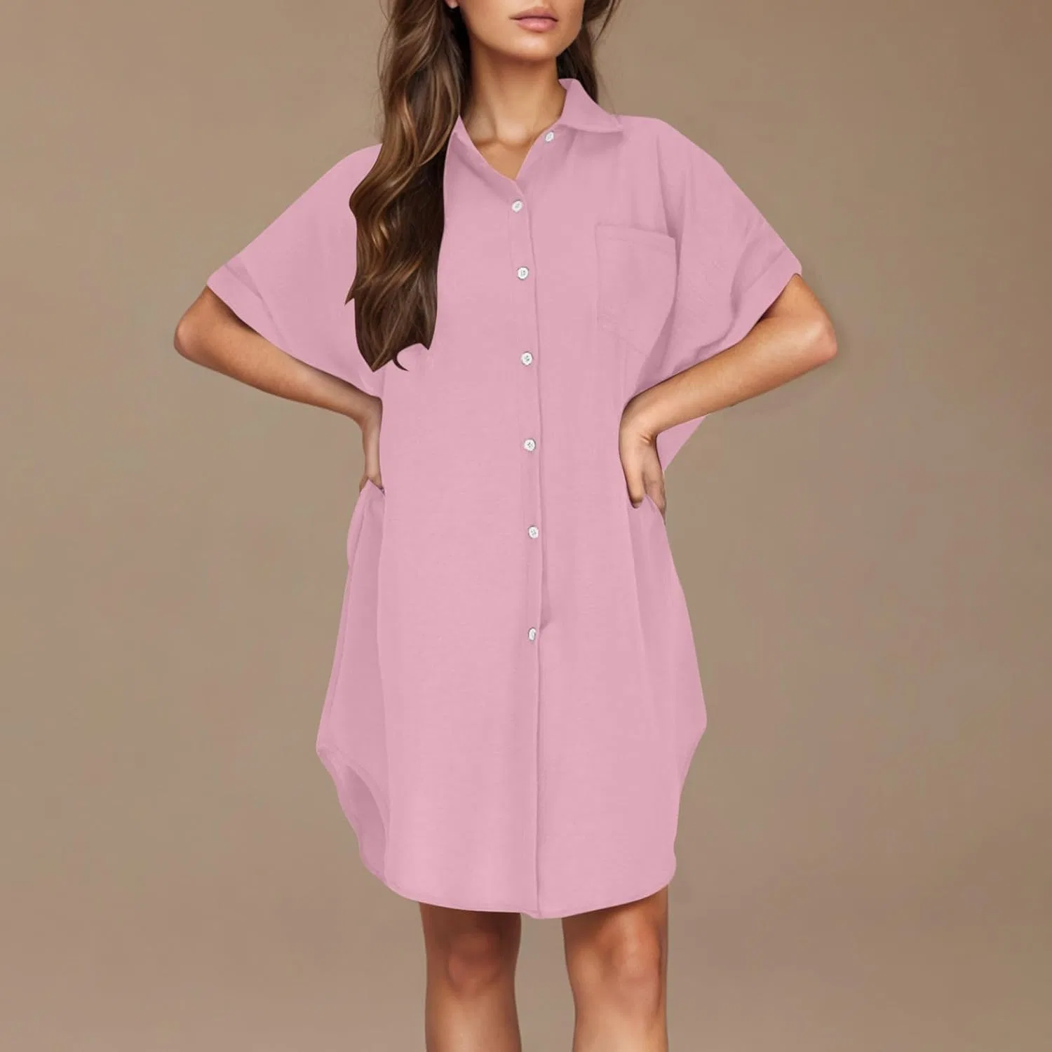 Женское летнее платье-макси с коротким рукавом на пуговицах, Pink — фото 3