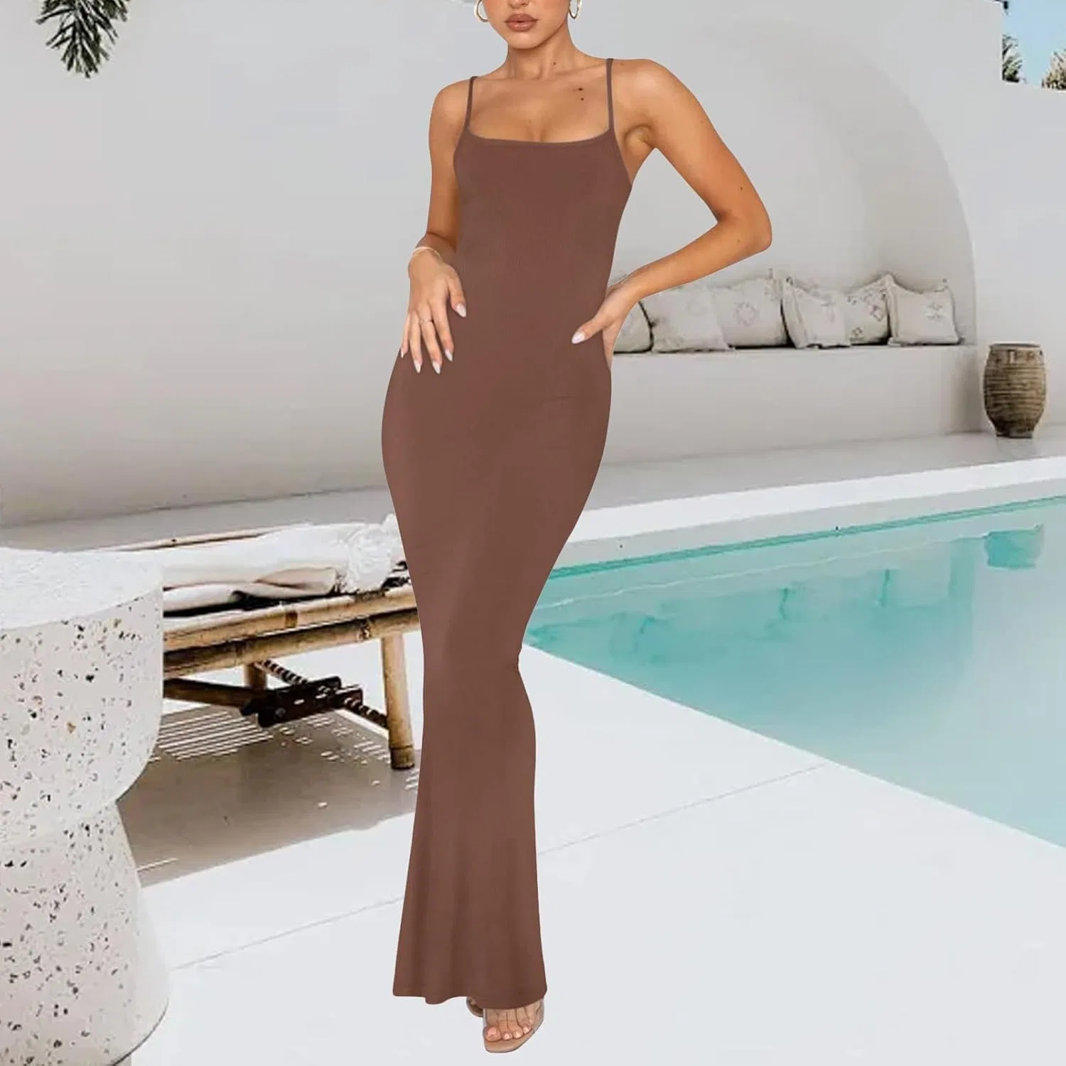 Женское длинное платье-комбинация без бретелек Maxi Dress, Brown — фото 2