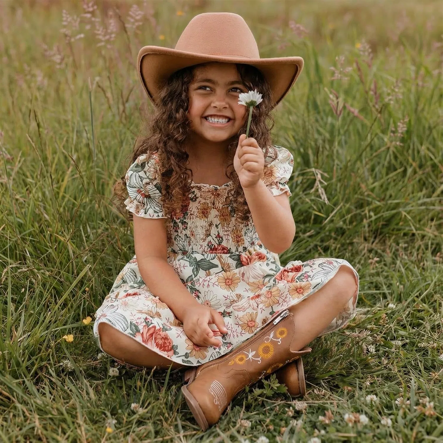 Детские сапоги для девочек с цветочной вышивкой Western Cowgirl Boots Bybmorto, Brown — фото 3