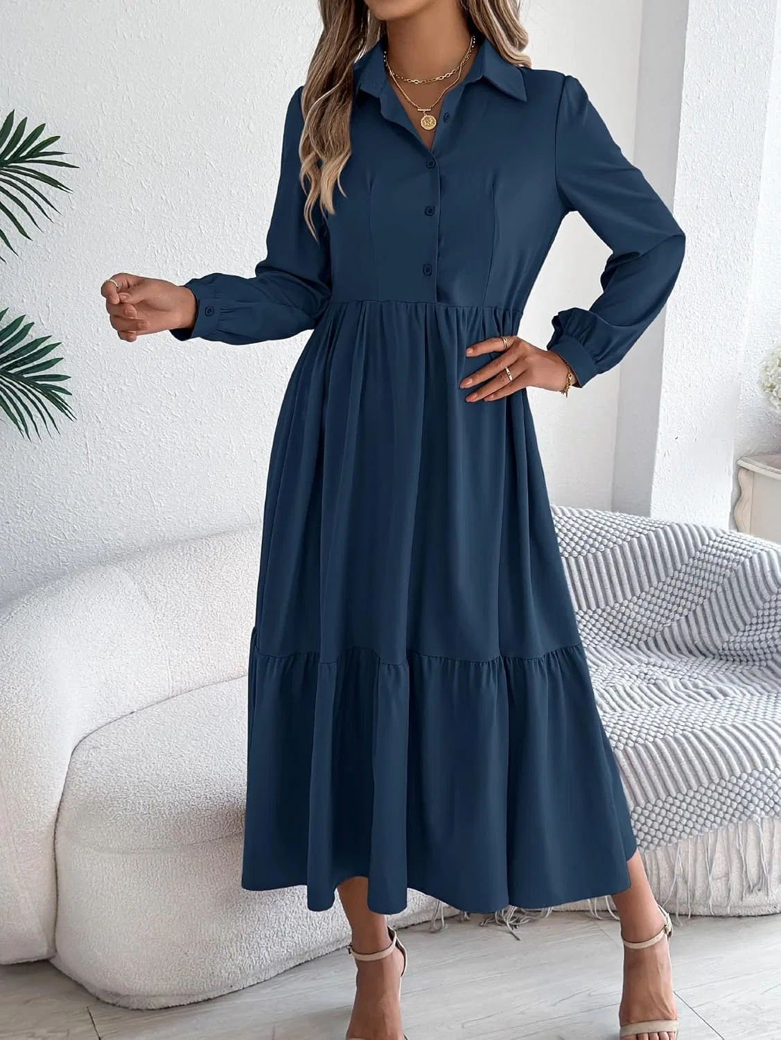 Женское платье-макси с запахом, пуговицами, длинным рукавом, Navy Blue — фото 4