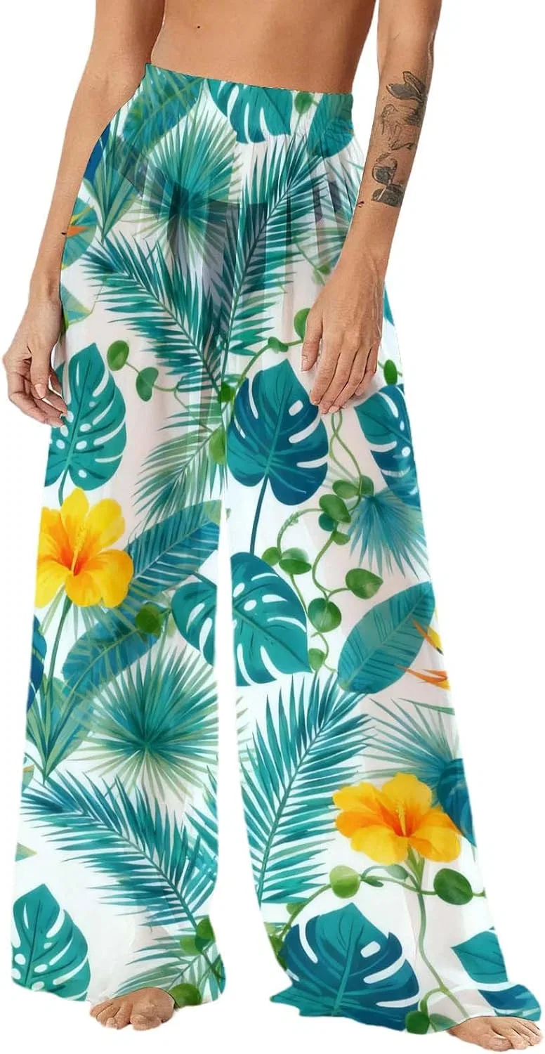 Женские широкие пляжные брюки из шифона с рюшами, Mint Green-15