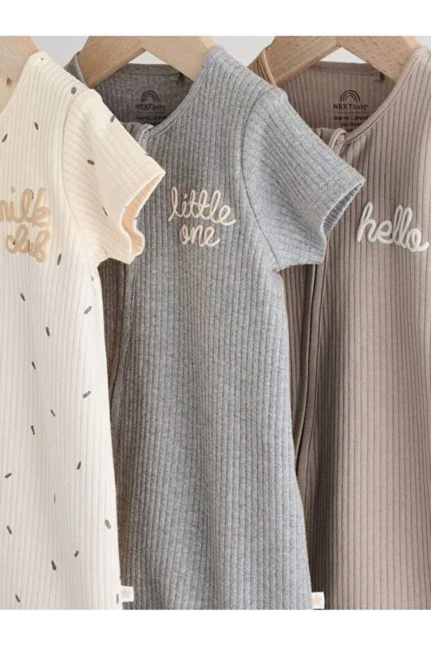 Детский комплект боди-комбинезонов с коротким рукавом 100% cotton cream brown 3-piece romper set Next Baby, Multicolor — фото 3