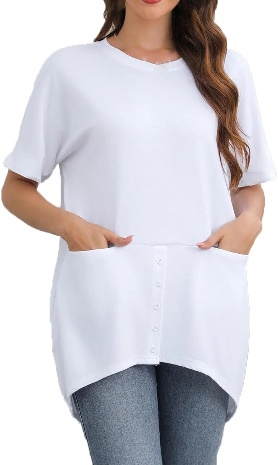 Женская футболка свободного кроя с карманами, White