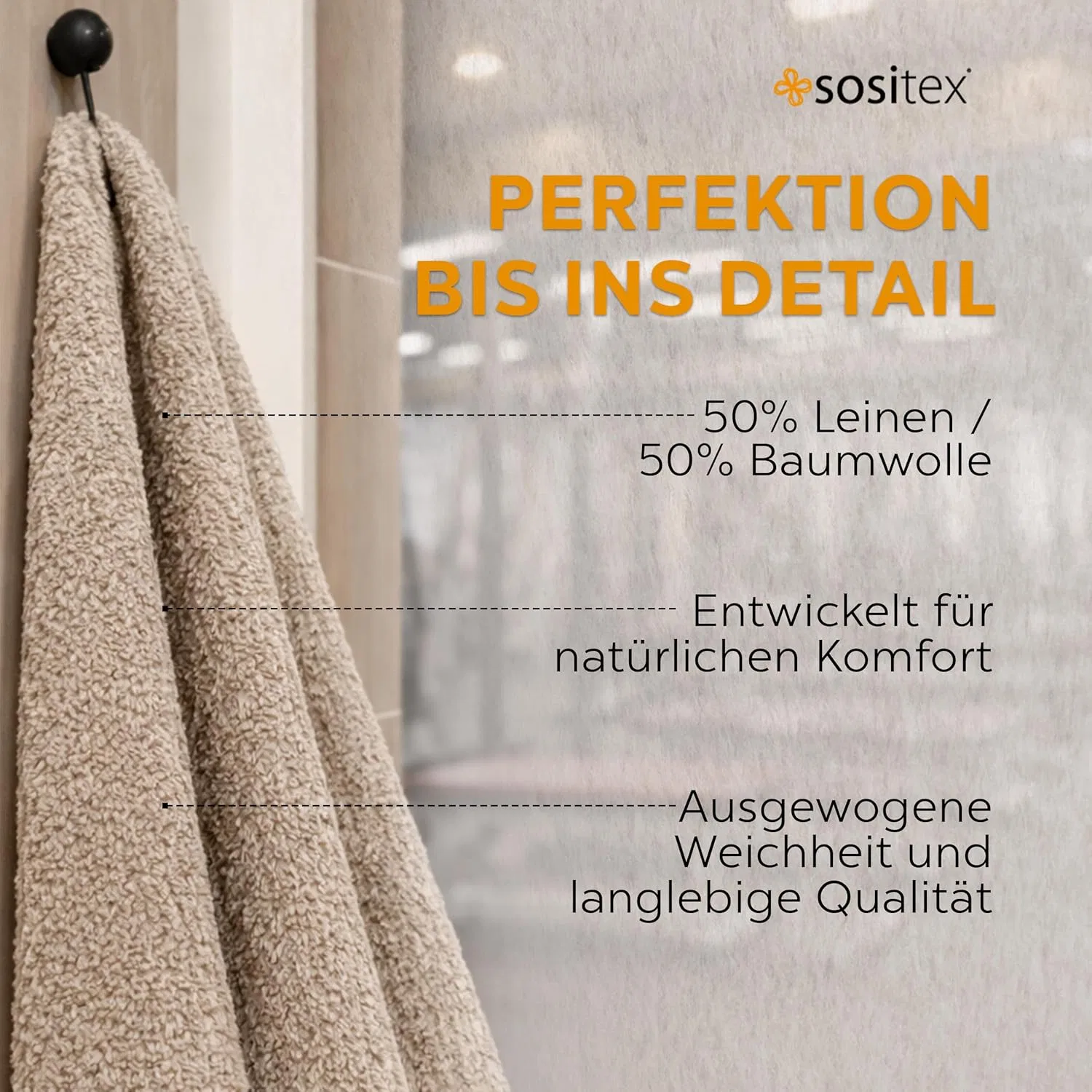 Полотенце для бани 75x150 см, sositex, 50% льна 50% хлопка, Natural Black — фото 2