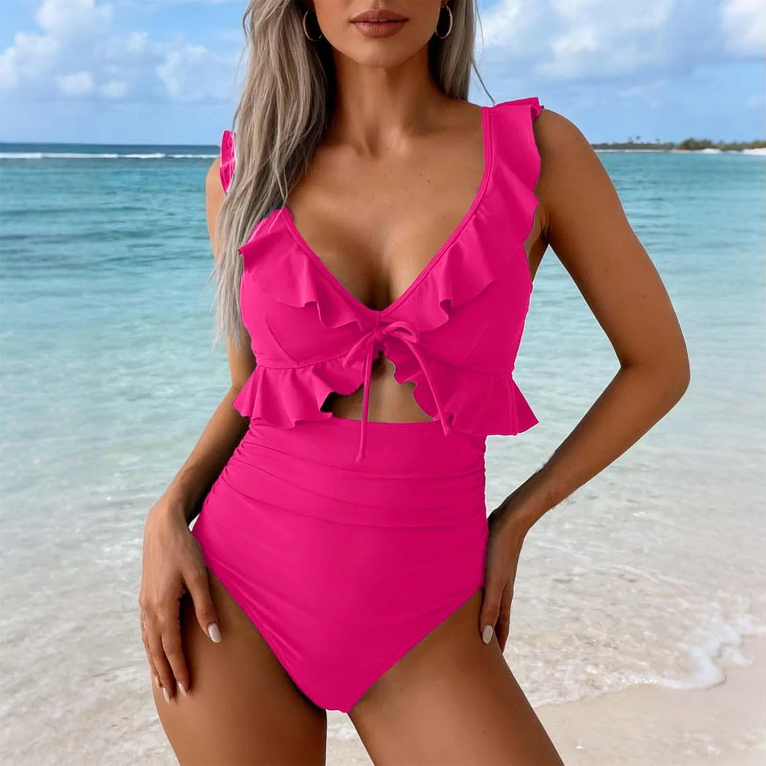 Женский слитный купальник с V-образным вырезом и узлом спереди Generic, Hot Pink — фото 2