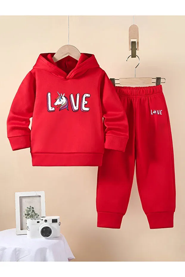 Детский комплект из свитшота и спортивных штанов для девочек с принтом Love premium 3 for girls yarn, Let'S Wear, Red