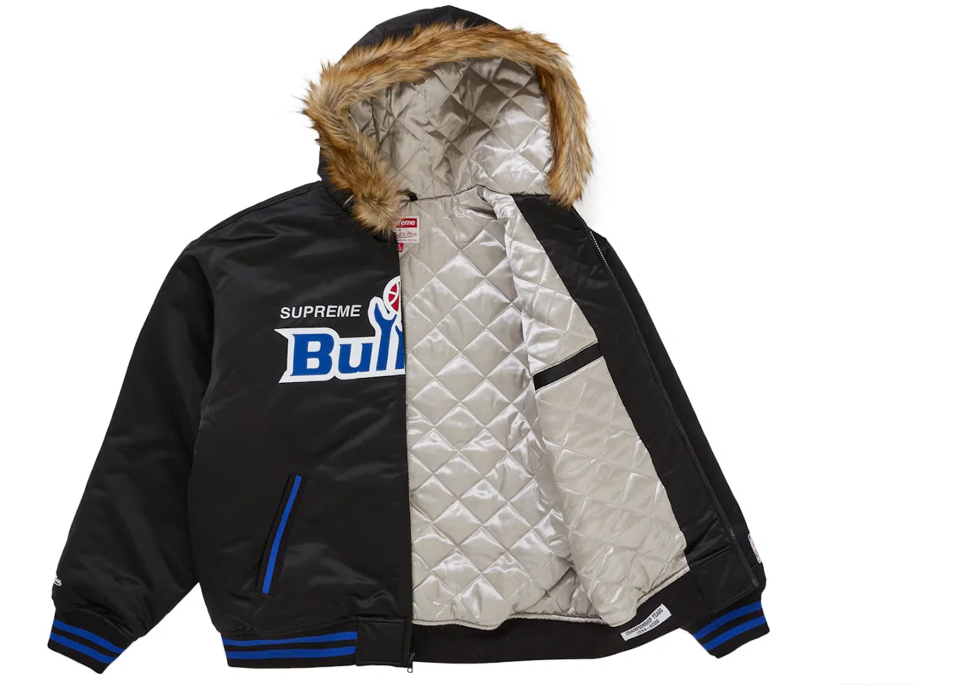 Мужская куртка-бомбер с капюшоном сатиновая Supreme Mitchell & Ness Teams Hooded Satin Varsity Jacket, Black — фото 2