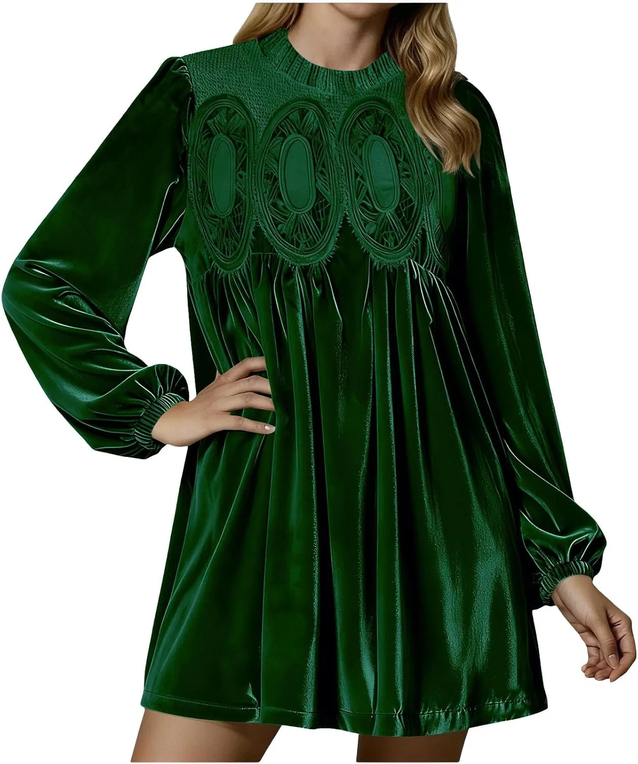 Платье мини A-силуэта из велюра с кружевным воротником Elegant Velvet Dress, Green