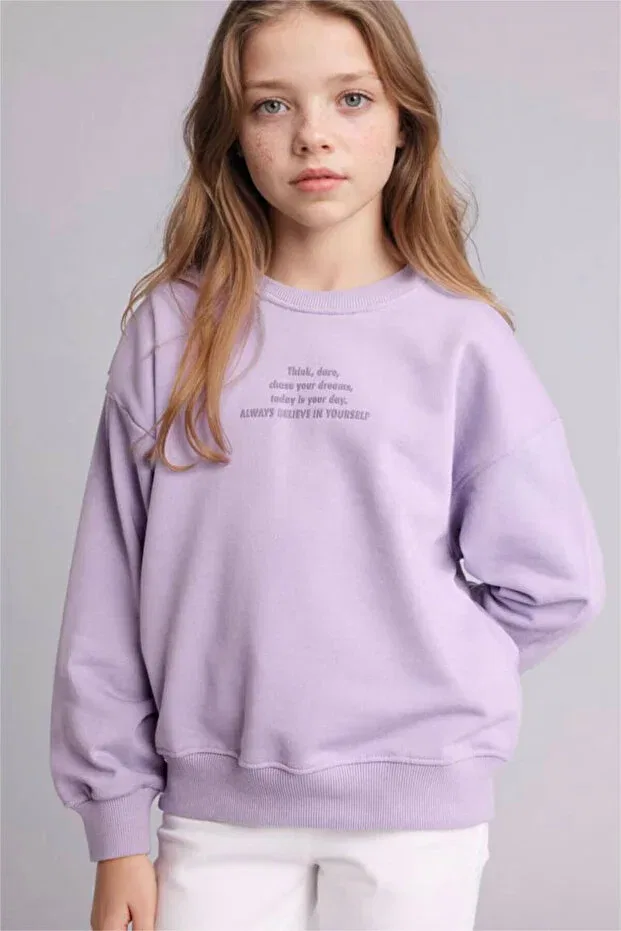 Детские свитшот для девочек с принтом Relax fit printed lilac girls' sweatshirt e6782a8/pr308 Defacto, Purple Pr308