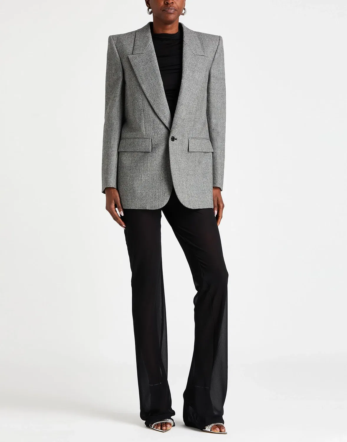 Женский однобортный блейзер из шерсти С принтом Glen Plaid Saint Laurent, серый — фото 2