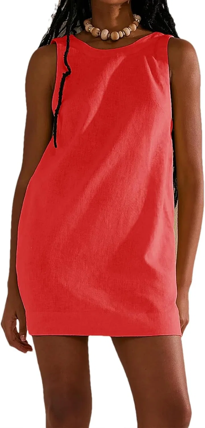 Женское летнее мини-платье с открытой спиной Cotton Linen, Red