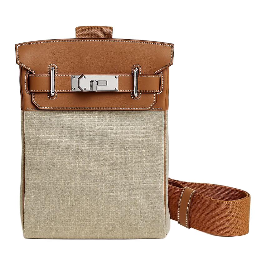 

Hermes Сумка-слинг Hac A Dos Bivouac из канваса и быстрой телячьей кожи, маленькая, мужская, золотисто-коричневая