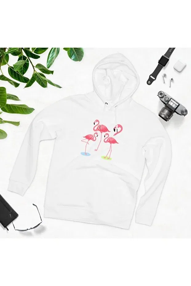 Детские свитшот для девочек с принтом Hooded Pocket Reversible Flamingo Printed Ladijital Baski Çözümleri, White