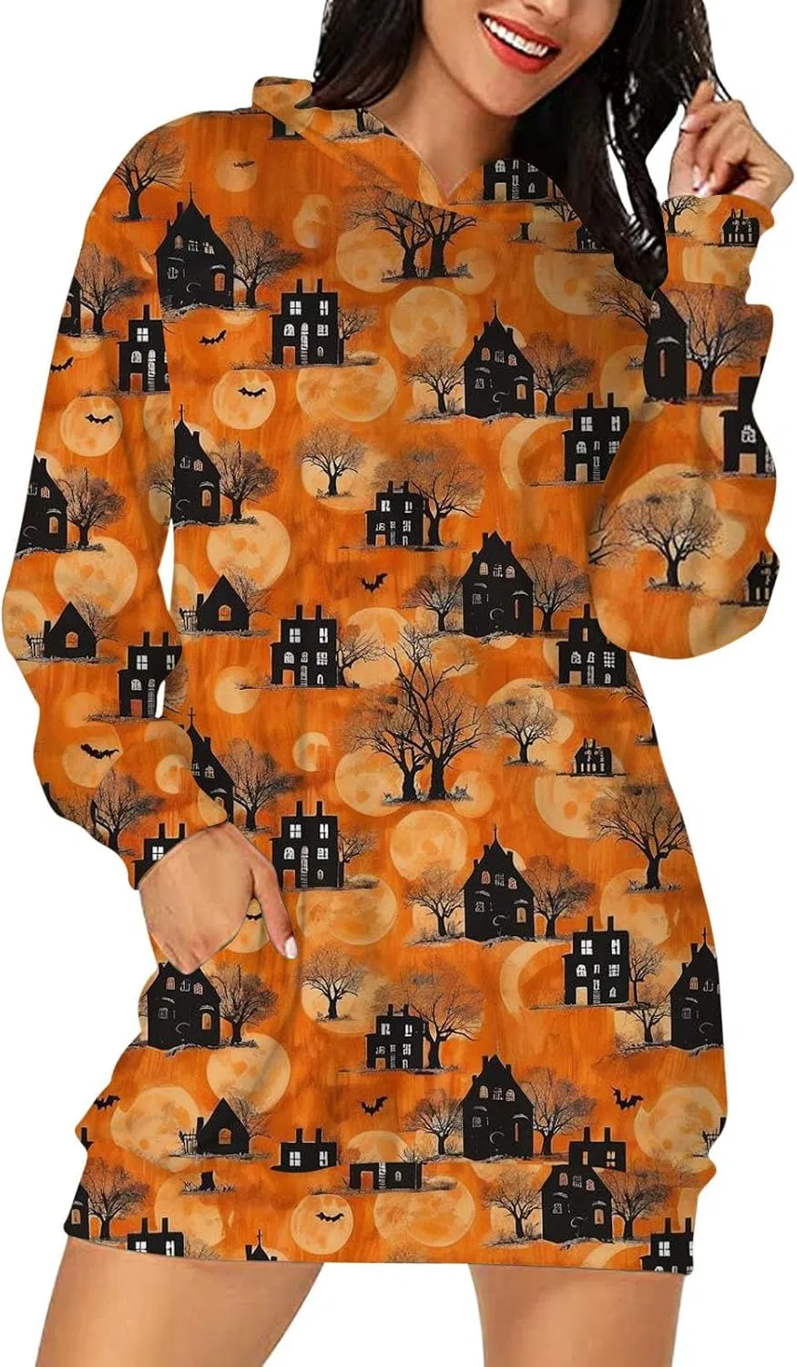 Женское платье-худи с принтом, с карманами, Halloween Dresses, чёрный — фото 4