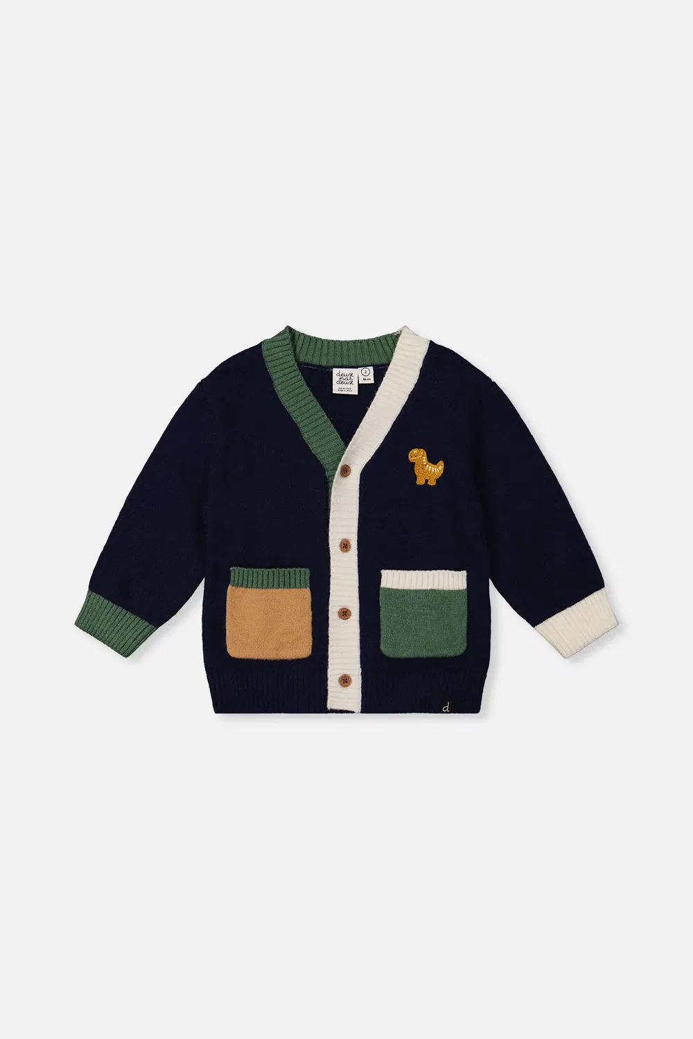 Детский кардиган вязаный с вышивкой динозавра Deux par Deux, Dark Blue Green And Yellow