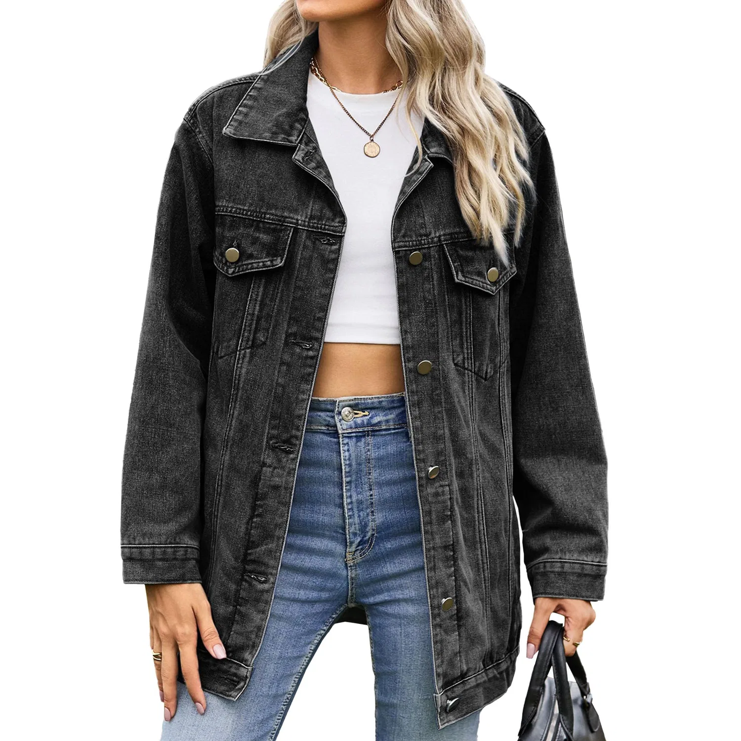Женская джинсовая куртка oversize с капюшоном, Nero Grigio