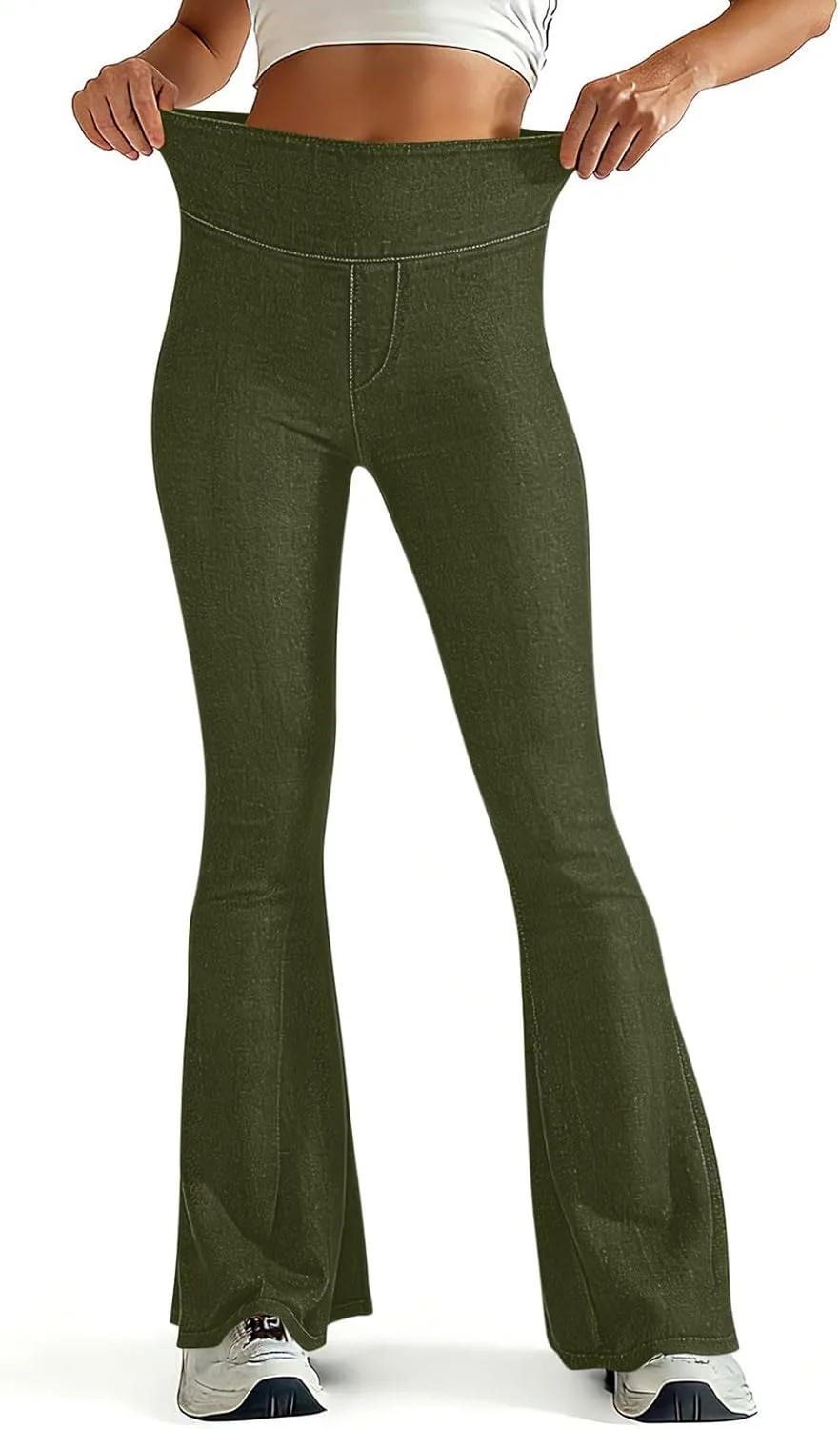 

Женские брюки флэре из искусственного денима с высокой талией и карманами