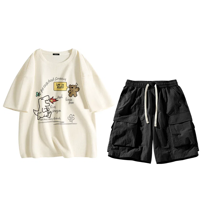 Детский комплект из двух футболок MINISO, Цвет Forest Green (Hand-Drawn Line)+Black — фото 3