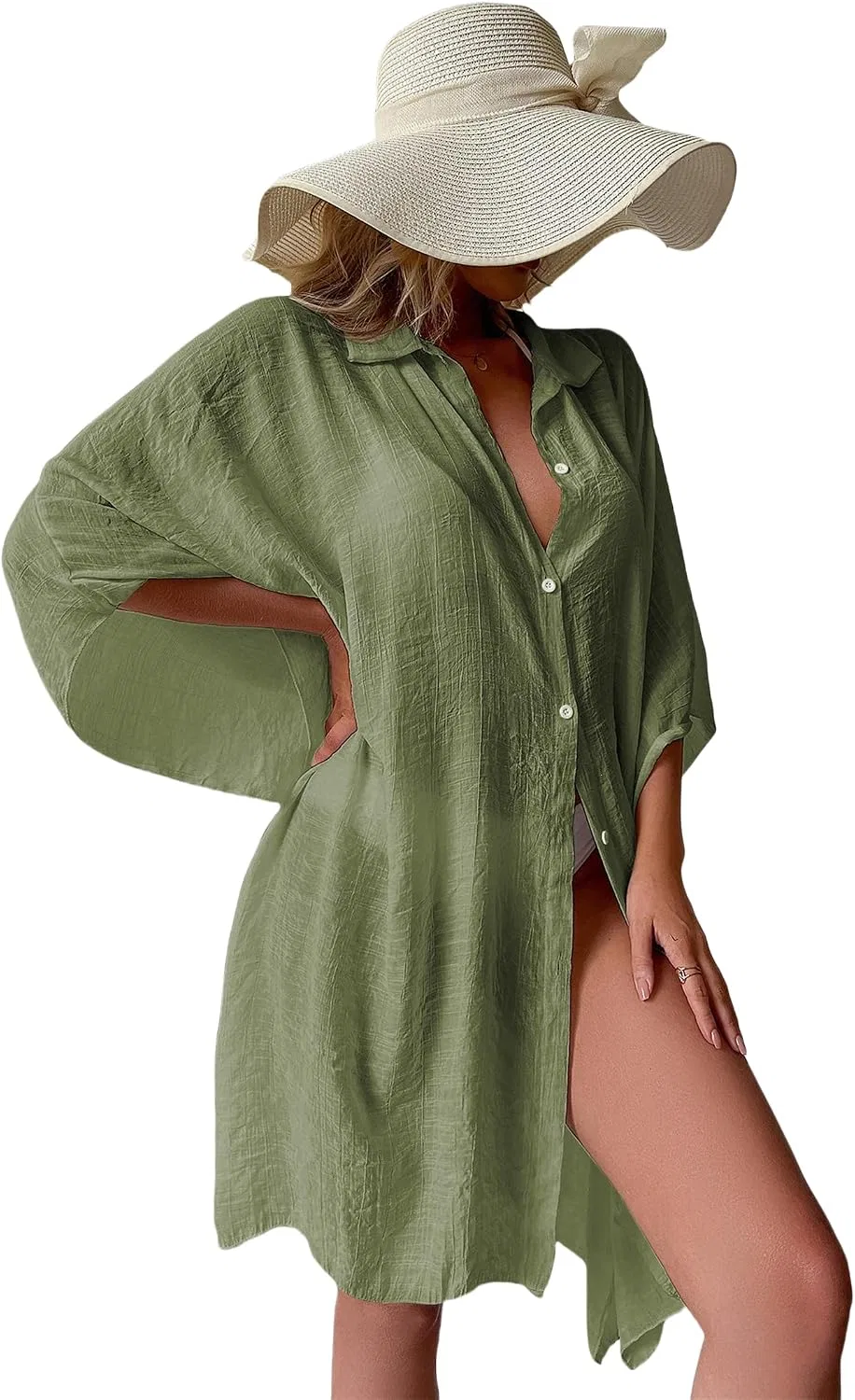 Женский пляжный кимоно с рукавами-крыльями на пуговицах, Dark Green