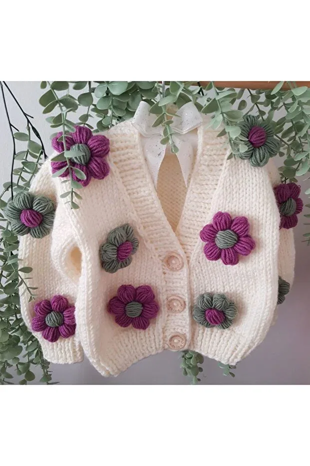 Детский кардиган с ручной вышивкой Daisy detailed hand knitted children's cardigan El Örgüsü, White