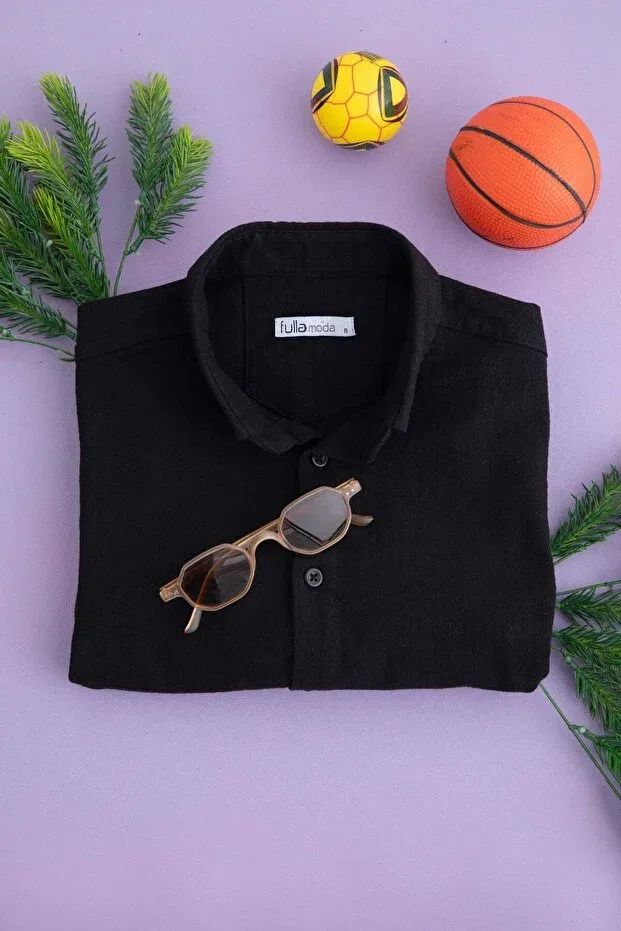 Детская рубашка для мальчиков льняная с длинным рукавом Fulla Moda, Black — фото 2
