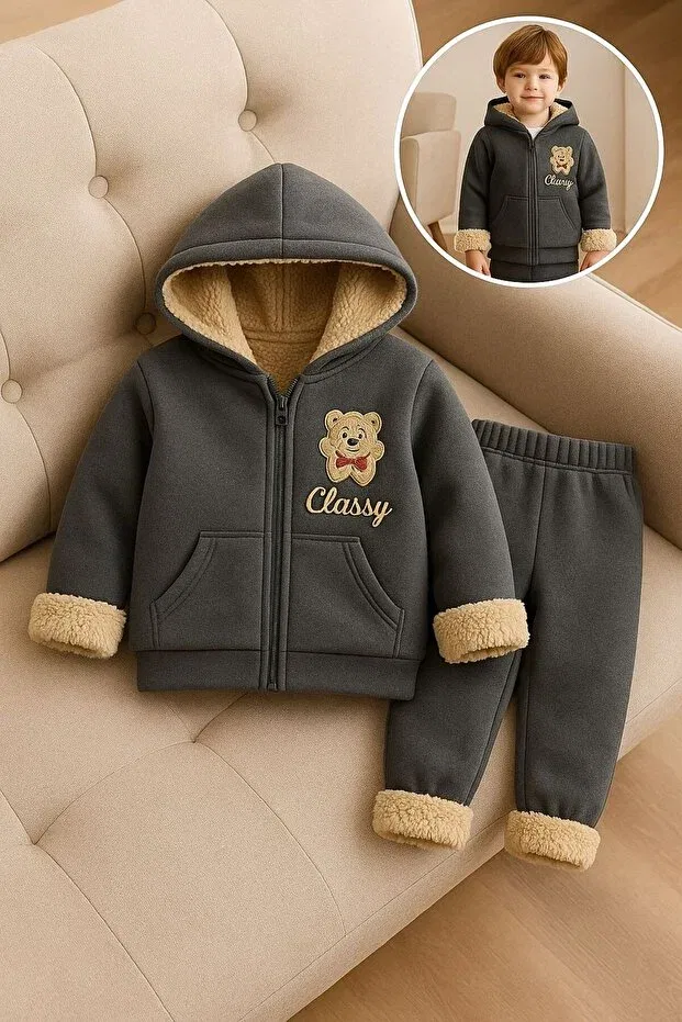 Детский спортивный костюм с капюшоном и принтом Winter3 yarn-unisex children's k hooded zippered suit - embroidered teddy bear, furry inside Classy Moda, Antrasit