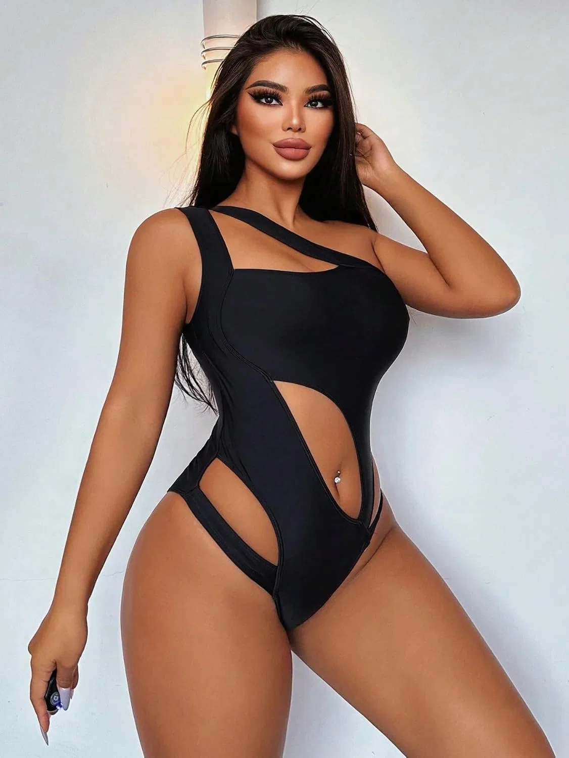 Женский асимметричный купальник монокини с вырезами Generic, Black — фото 3