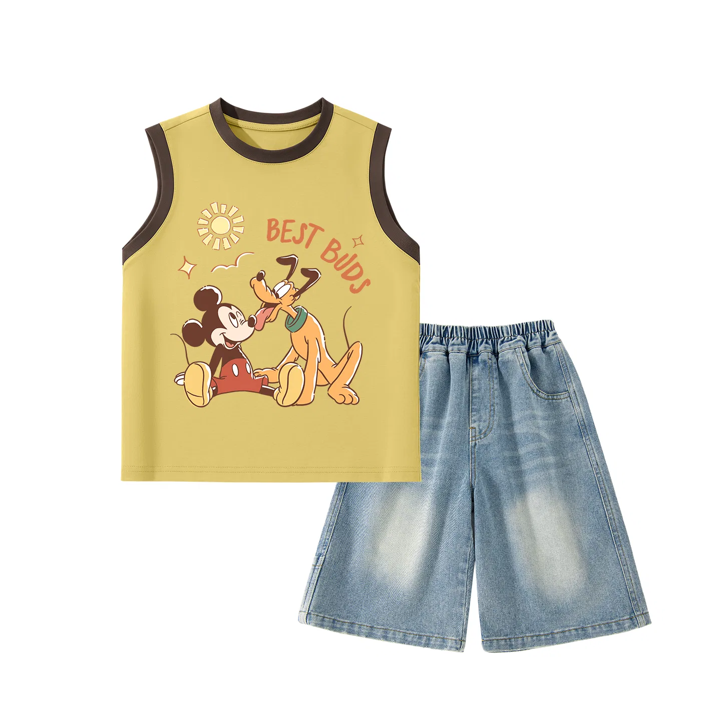 Детский спортивный костюм с круглым вырезом, тянущийся, Disney, Diyanyan Yang Brown Yellow+Solid Color Denim Blue