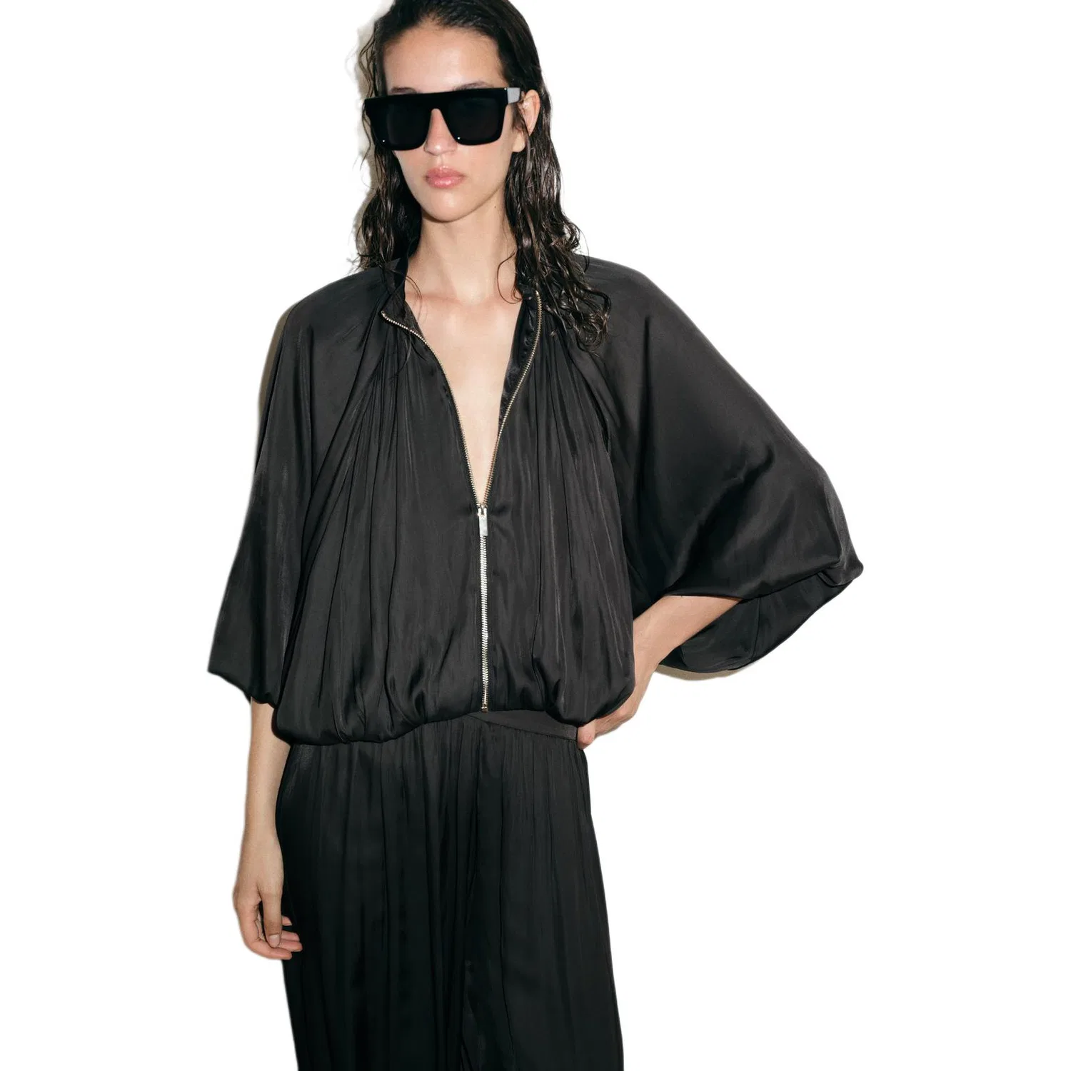 Женская куртка прямого кроя с круглым вырезом Black ZARA, Black — фото 4