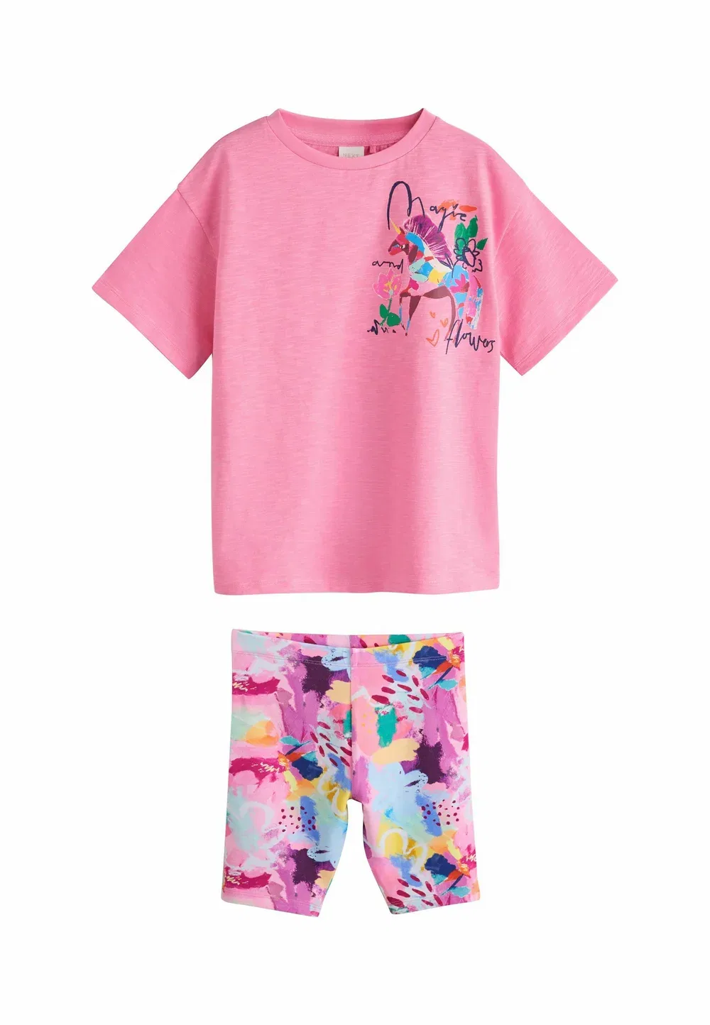 Стандартный крой - комплект из футболки и велосипедных шорт. - шорты Next, Pink Floral Unicorn
