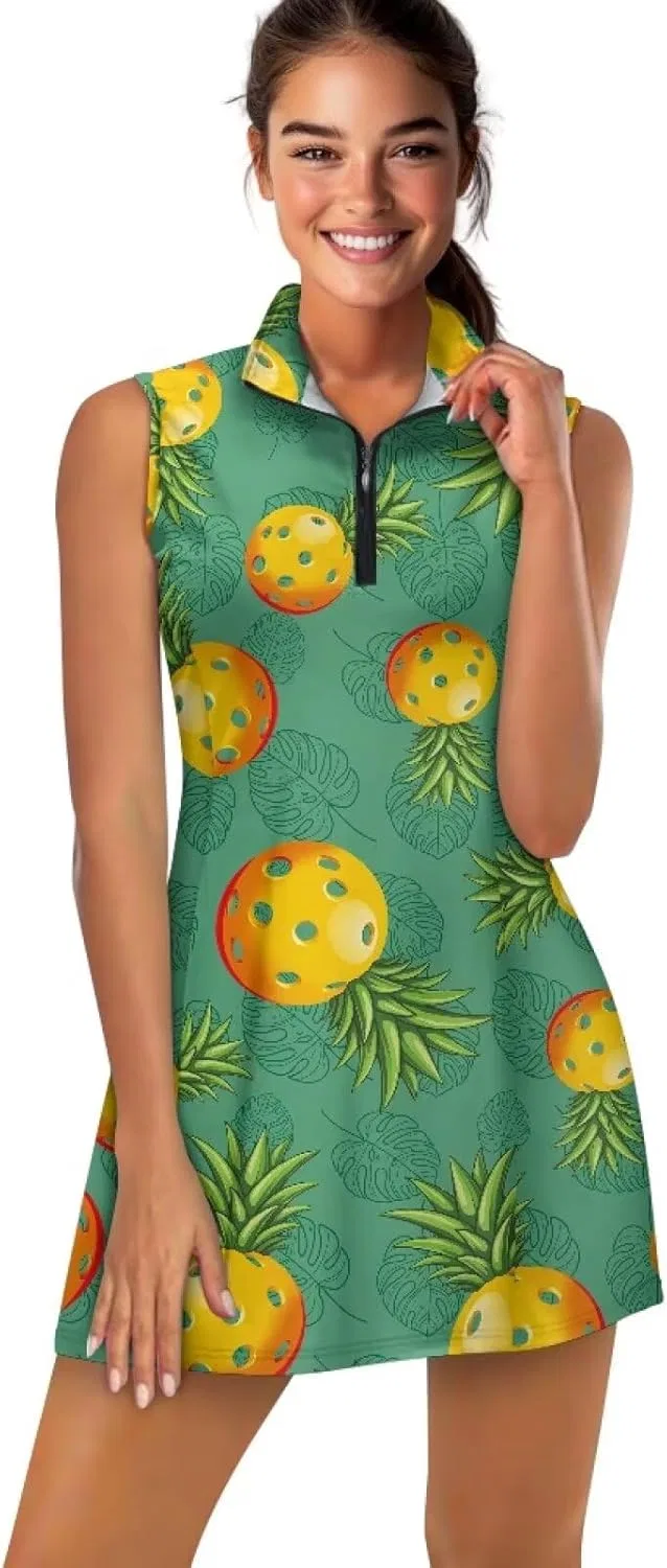 Женское теннисное платье с принтом мячей, с шортами и карманами, Pineapple Pickleball