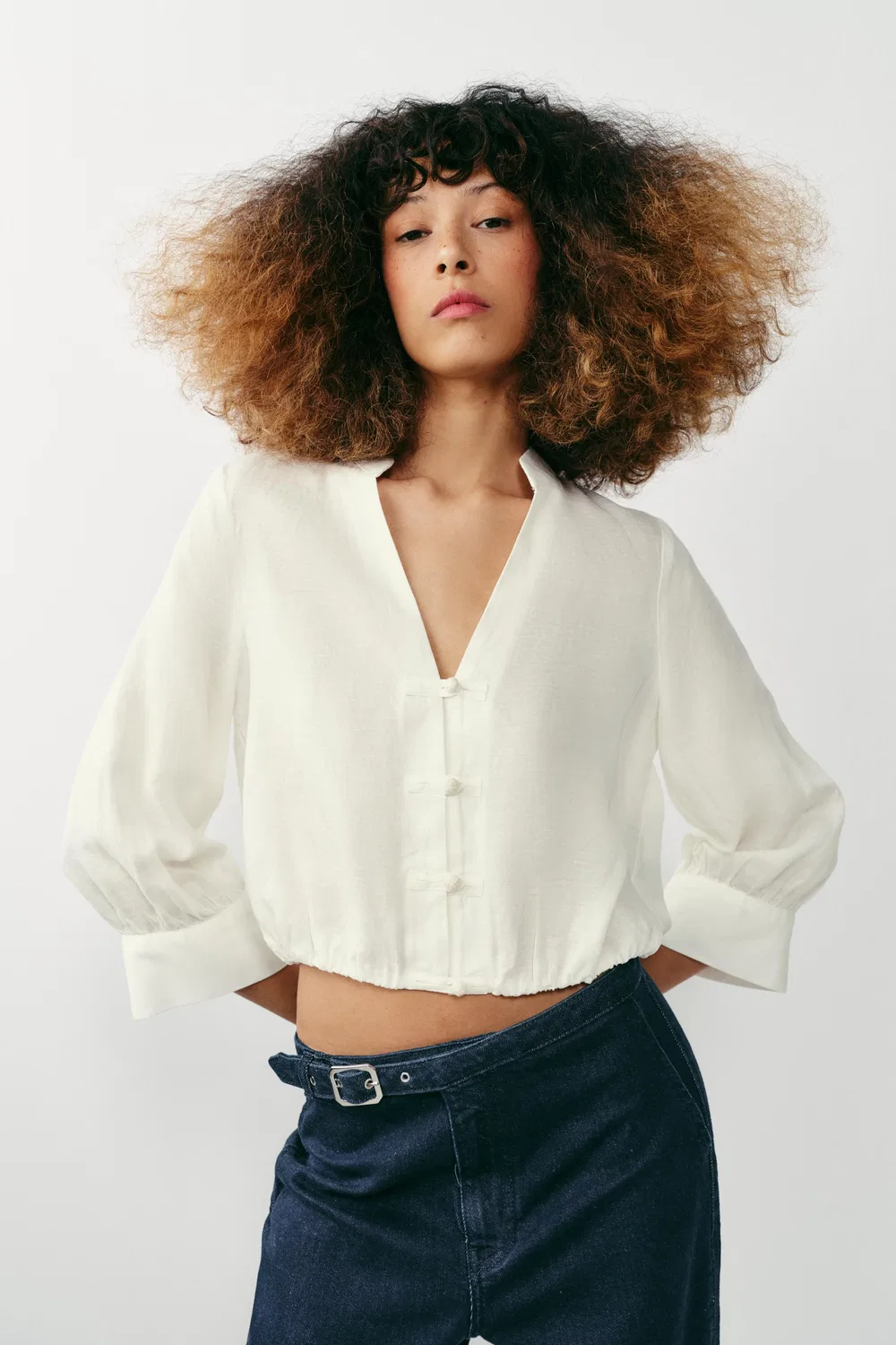 Рубашка-баллон из льняной смеси с застежкой в виде лягушки ZARA, White — фото 2
