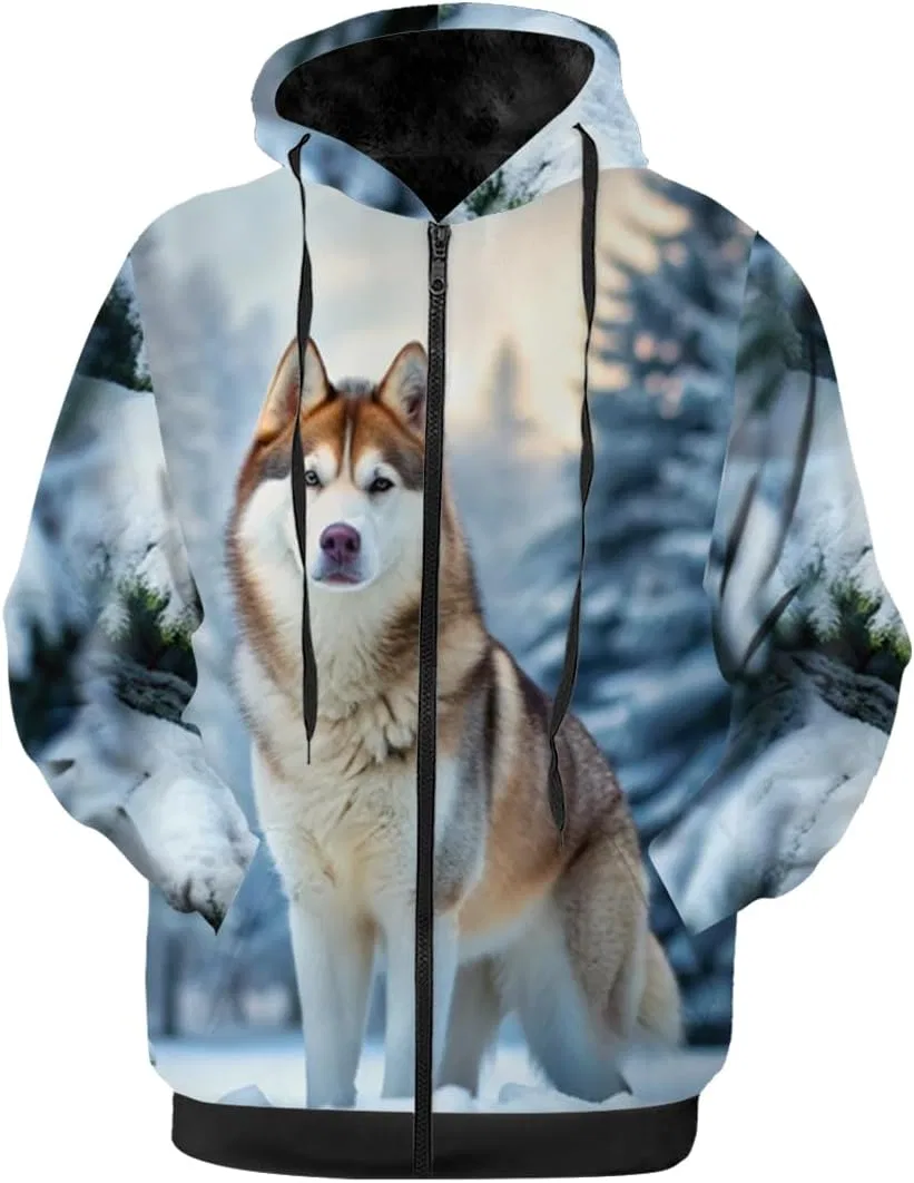 Мужское зимнее пальто с принтом, модель Snowy Forest Husky, Snowy Forest Husky