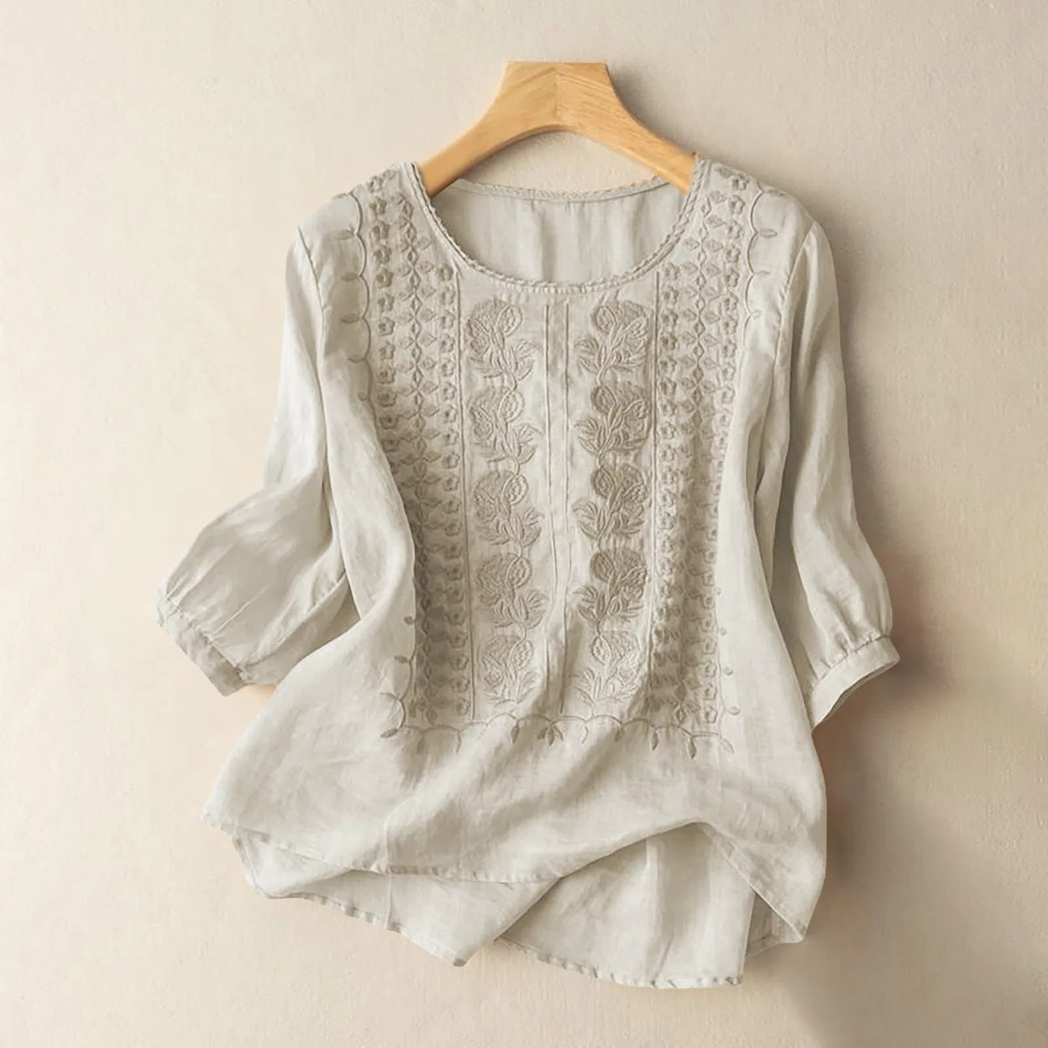 Женская льняная блуза с принтом и вышивкой Chinese Shirts, Z02-beige — фото 3