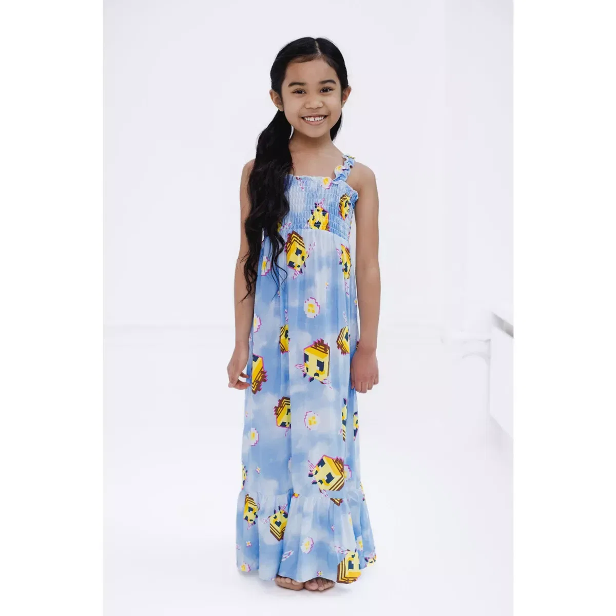 Детское платье для девочек с принтом Minecraft Bee Square Neck Smocked Maxi Dress Tie Dye, Blue — фото 2