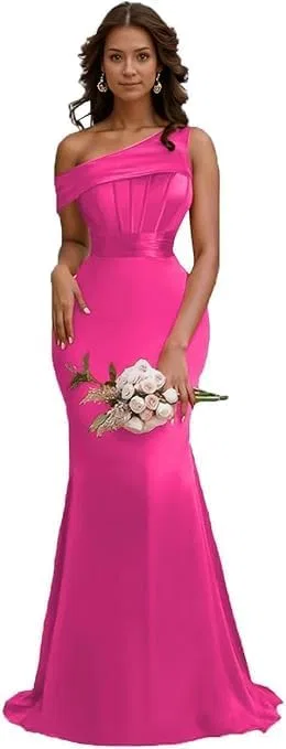 Женское вечернее платье с одним плечом сатиновое корсет русалка, Hot Pink