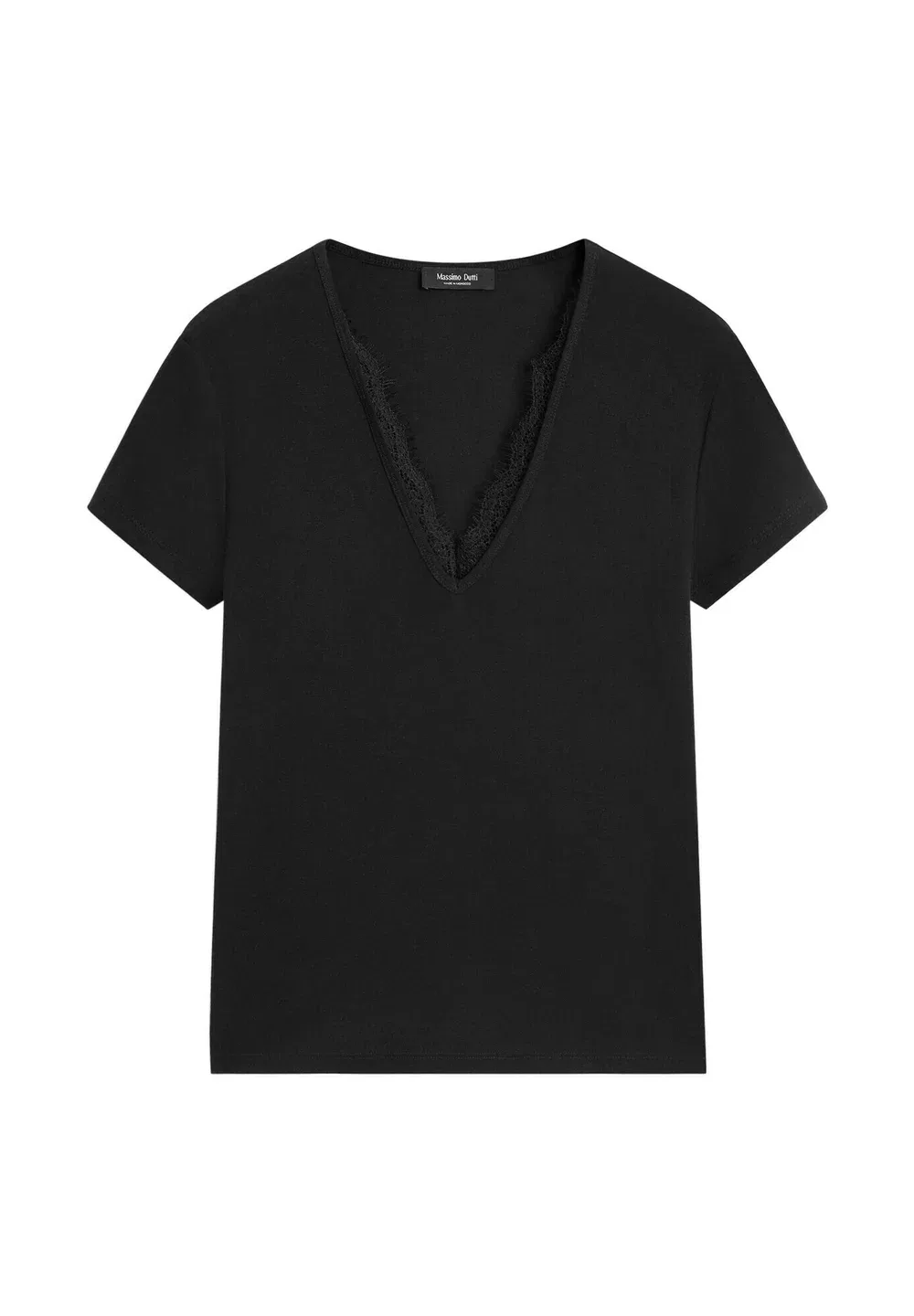 Футболка с V-образным вырезом и кружевной отделкой - базовая футболка Massimo Dutti, Black — фото 4