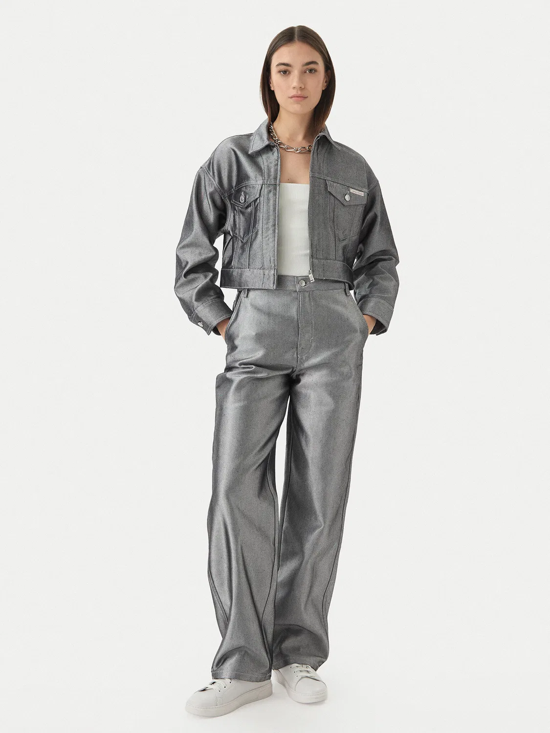 Женская джинсовая куртка свободного кроя Calvin Klein, серебристый — фото 2