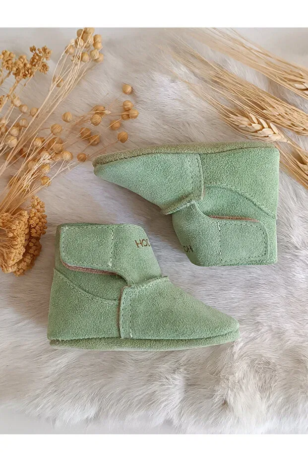 Детские ботинки для мальчиков из натуральной кожи Lucca green genuine leather baby boots with fur inside Hodore, Green