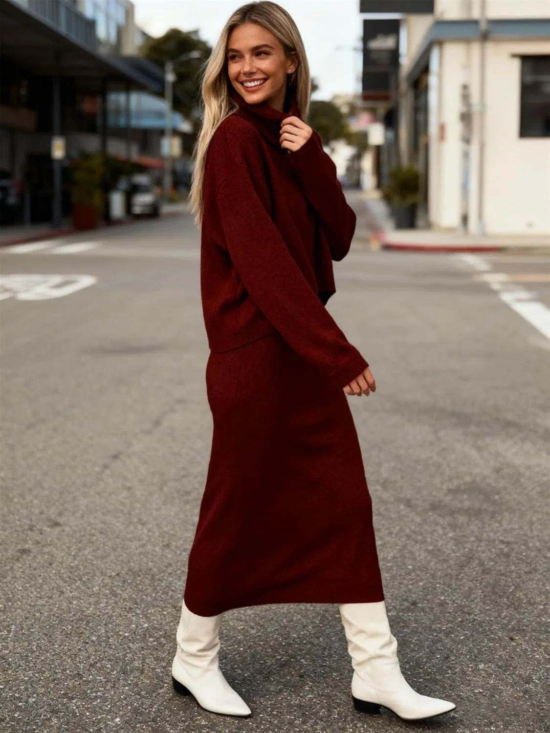 Женский миди-дресс и свитер с водолазкой Ribbed Knit, Wine Red — фото 2