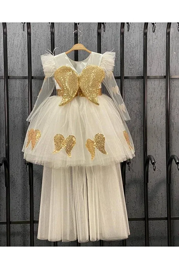 Детское платье для девочек с длинным рукавом Angel Wings Tail Sare Çocuk Giyim, White