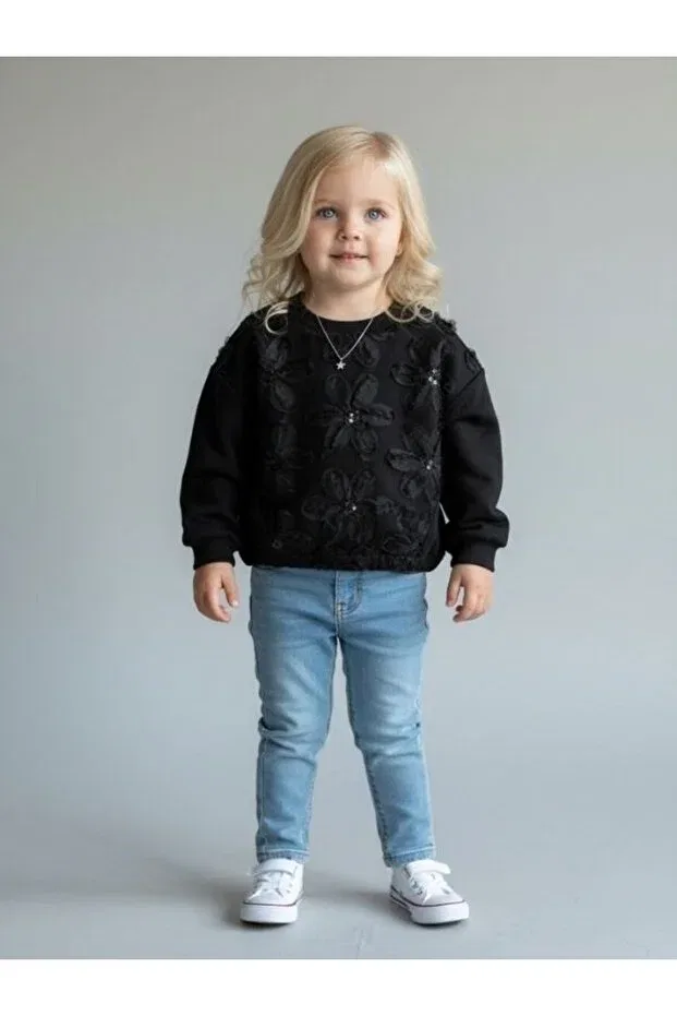 Детские свитшот для девочек с принтом Girl's flower embroidered design Zekids, Черный — фото 2