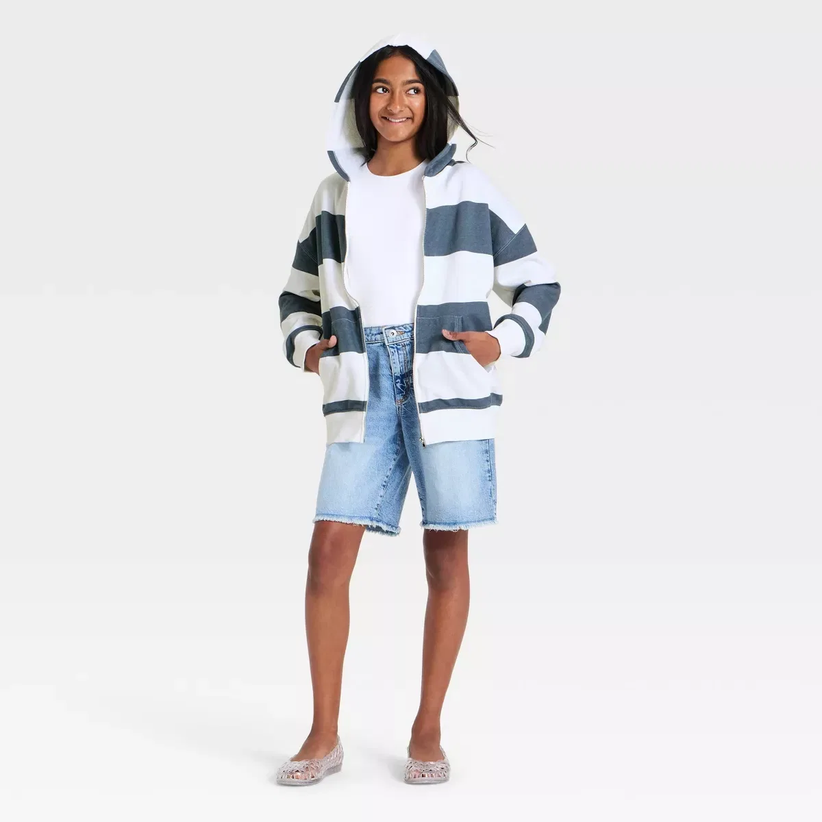 Детское худи-олимпийка с принтом Oversized French Terry Zip-Up Hoodie Sweatshirt GIRLS ART CLASS, Blue — фото 3