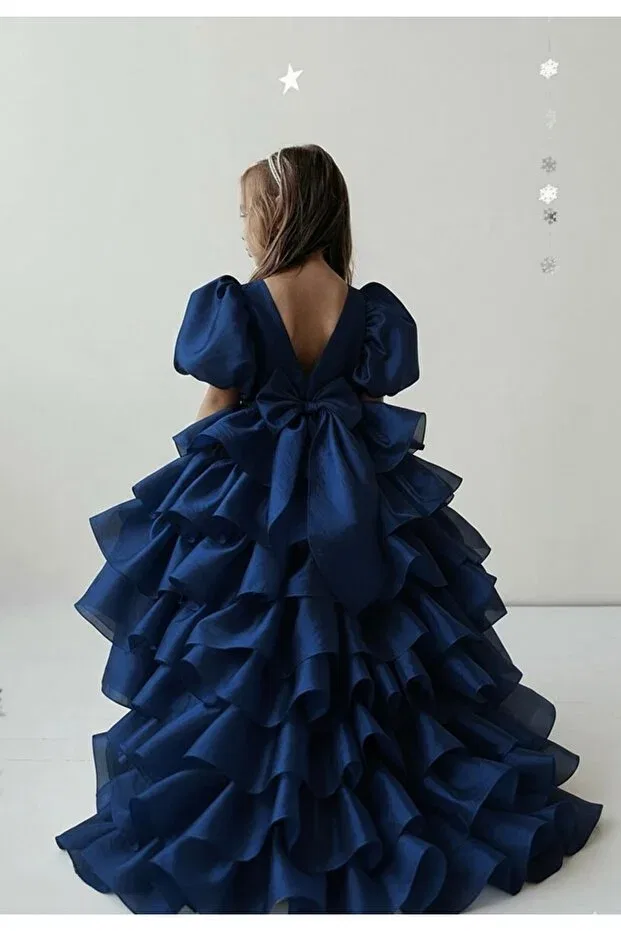 Детское платье из атласа с пышной юбкой и съемным шлейфом Asel Kids, Navy Blue