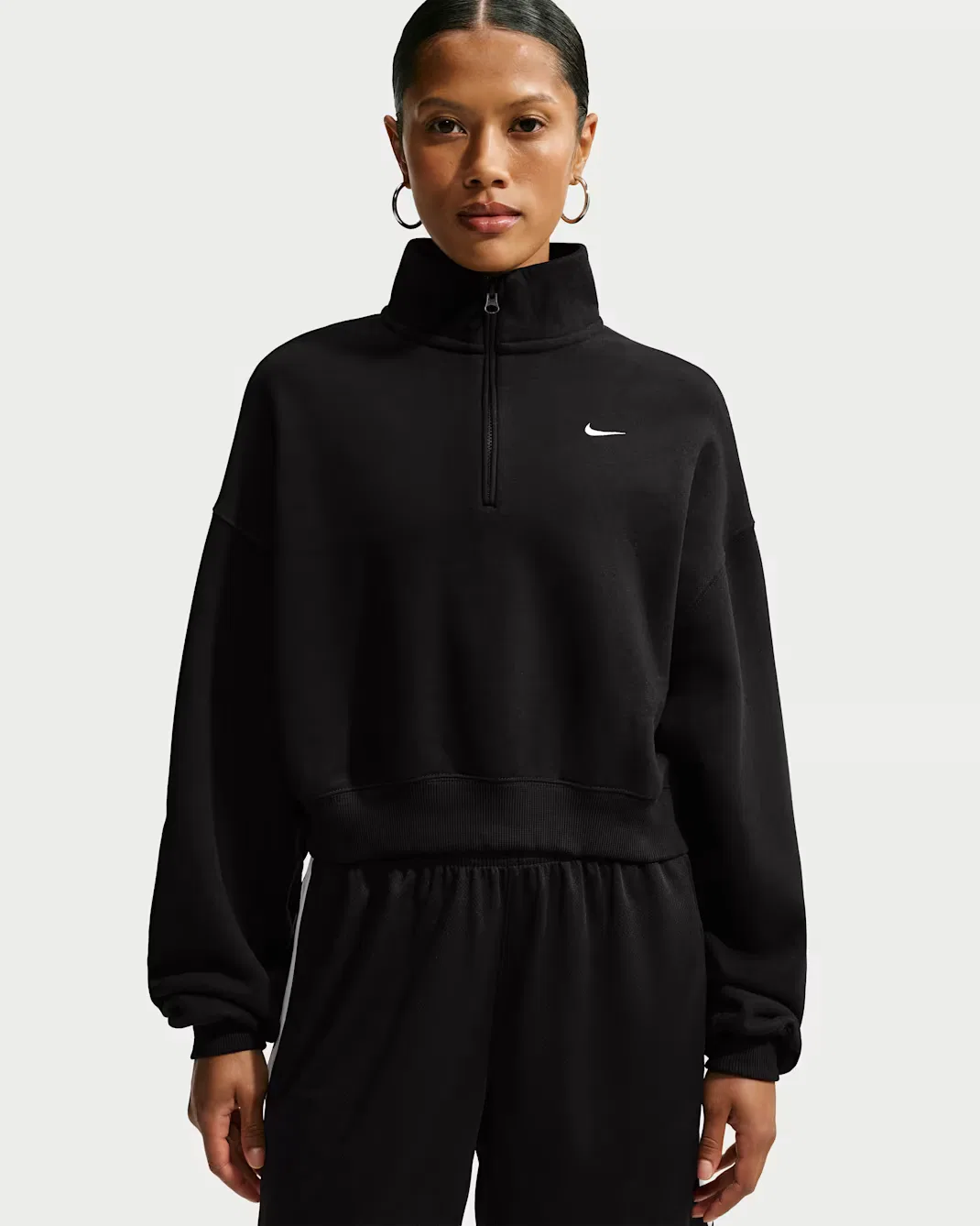 Женский укороченный топ свободного кроя с молнией на четверть длины Nike Studio Fleece Medium Weight, Total Black/Sail — фото 3