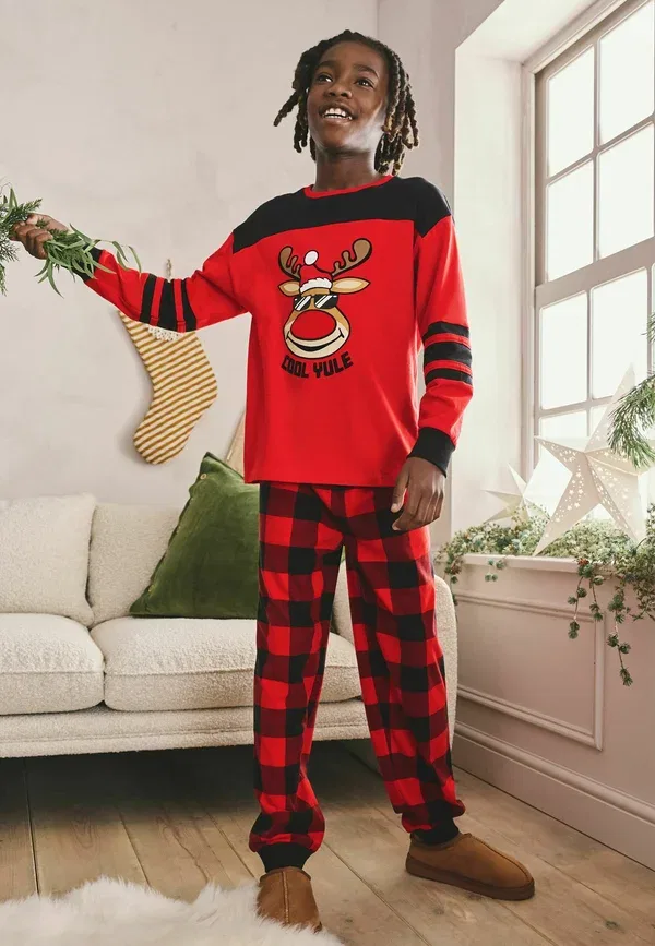 Пижама Christmas Set, Regular Fit, Next, красный в клетку с оленями — фото 2