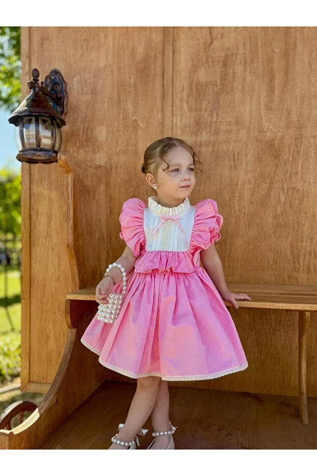 Детское платье для девочек с принтом Defne pink bow vintage baby girl dress Hly Karol Tasarım, Pink — фото 4