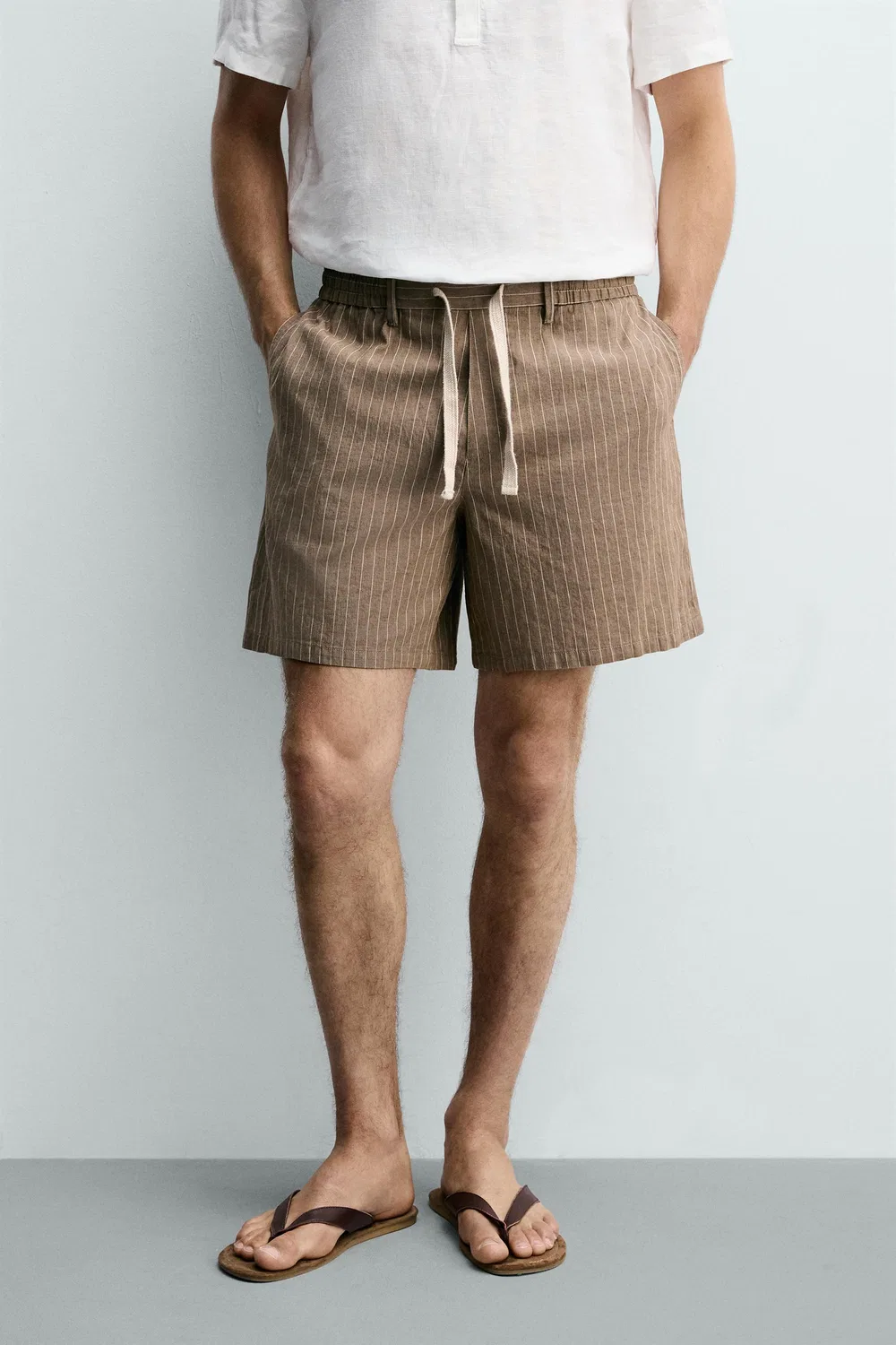 Хлопковые/льняные шорты-бермуды свободного кроя ZARA, Brown/Ecru — фото 2