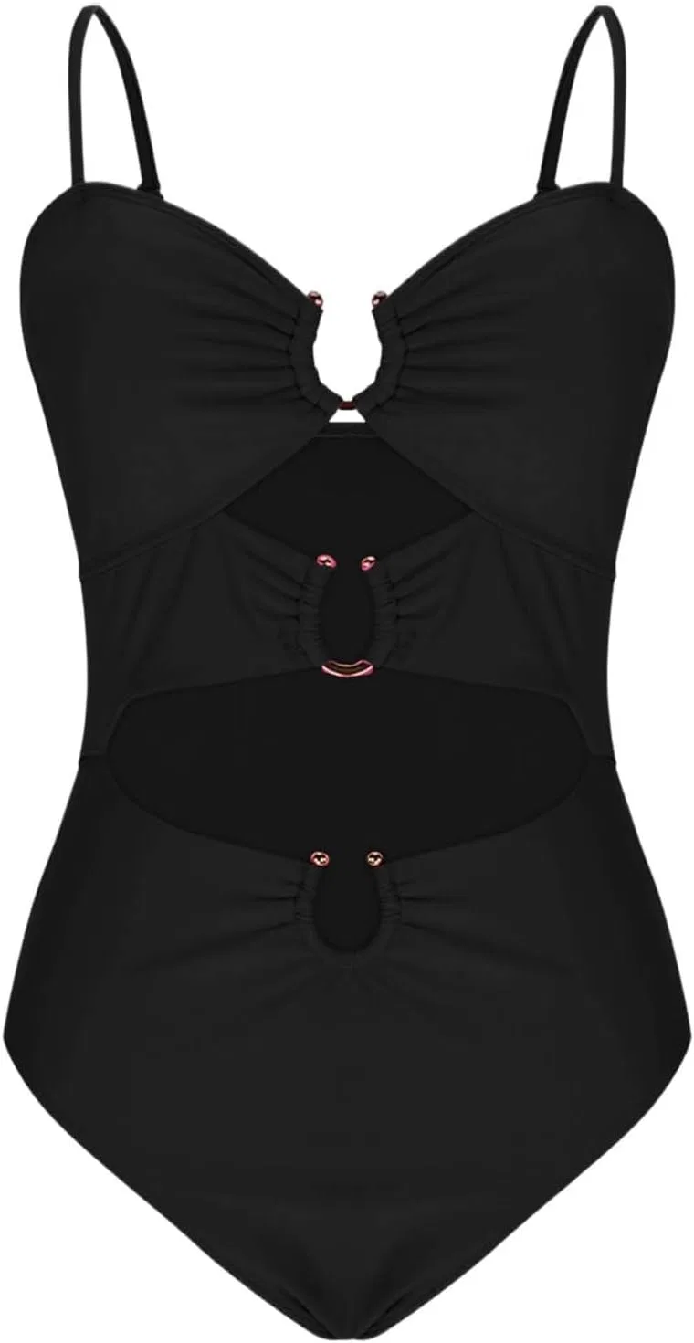 Женский цельный купальник с вырезами и кольцами Beach Swimwear, Black — фото 4