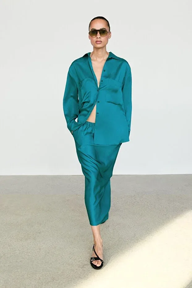 Женская рубашка из сатина с длинным рукавом Massimo Dutti, Blue And Green